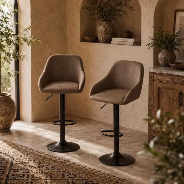 Wyld Haus Fadota Set of 2 Brown Faux Leather Adjustable 360 Degree Swivel Bar Stools – 1