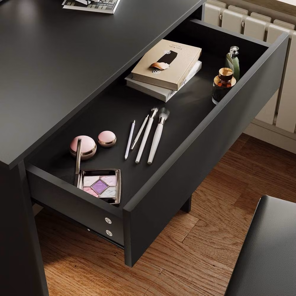 ERGOVEXA Black Modern Dressing Table with Hollywood LED Mirror, Stool and Storage Shelves, W: 140.0 cm, D: 40.0 cm, H: 76.7 cm – 3