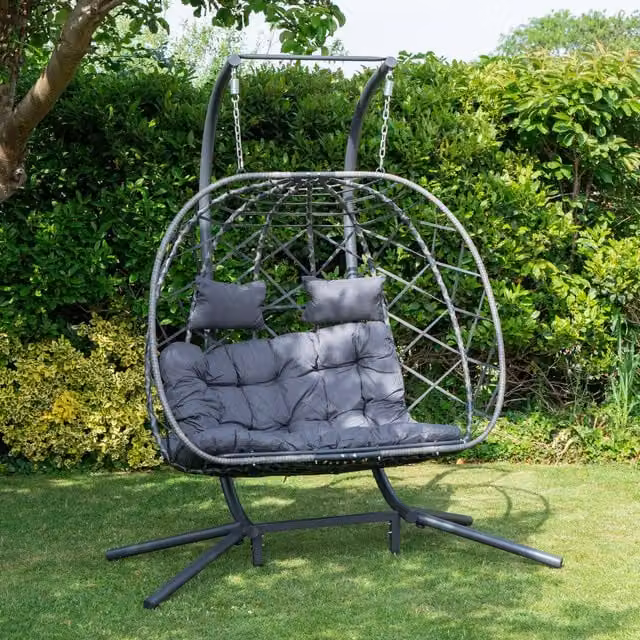 Samuel Alexander 2 Seater Hanging Garden Rattan Egg Chair with Steel Frame and Waterproof Cover in Grey – 1