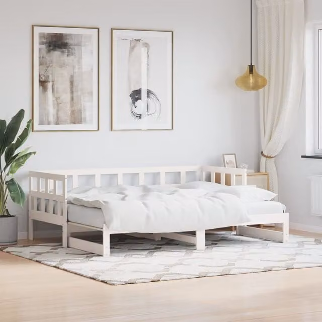 Berkfield Home White Rustic Solid Wood Pine Daybed with Trundle W/D/H: 90 x 190 cm