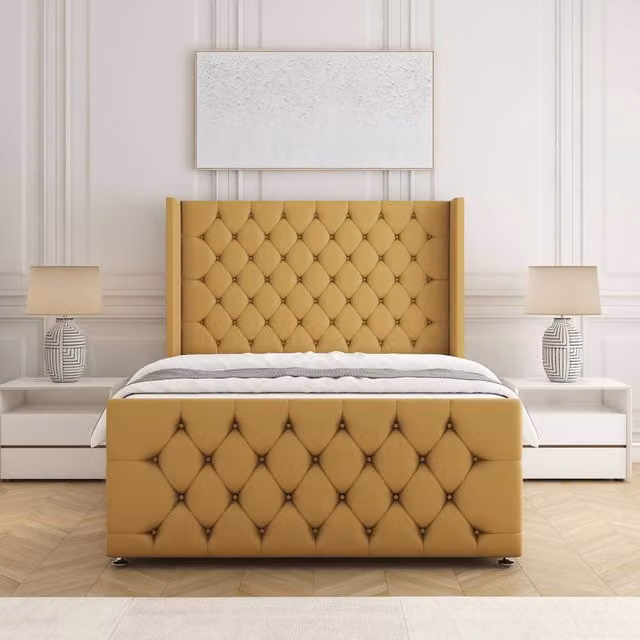 BSSPOKE Florida Velvet Divan Bed with Headboard and Footboard in Mustard Yellow, King Size, W/D/H: 180 x 200 cm