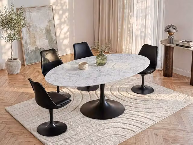 Vente-unique 8-Person Oval Ceramic and Black Metal Dining Table with White Marble Effect, W/D/H: 240 x 120 x 78 cm