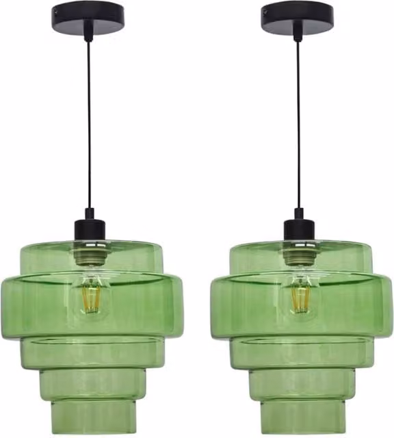 First Choice Lighting Benson Set of 2 Modern Green Glass and Black Metal Pendant Lights, Height Adjustable, W/D/H: 23.5 x 23.5 x 115 cm – 1