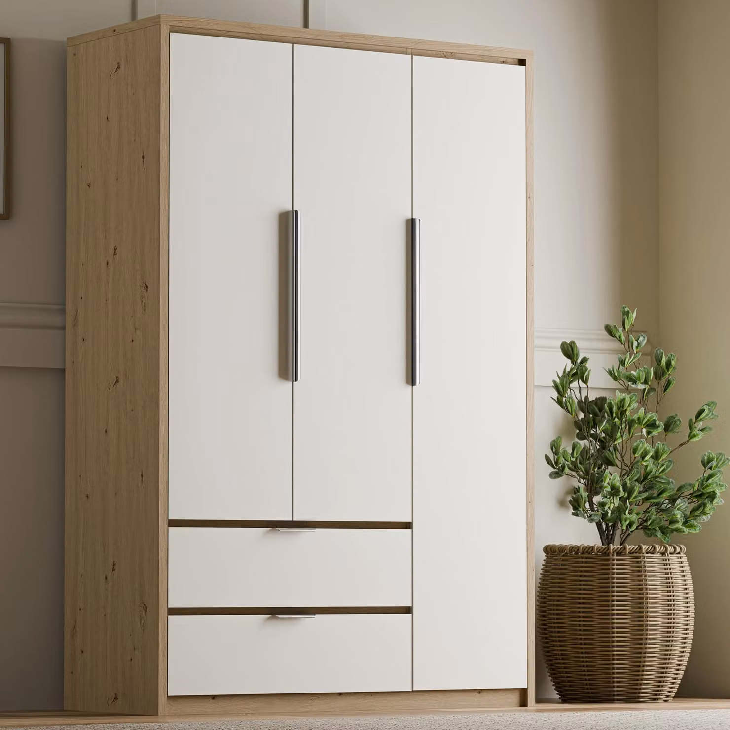 Skova 3 Door Wardrobe with Drawers, Shelves and Clothes Rail, Oak and White, H 180 x W 115 x D 50 cm