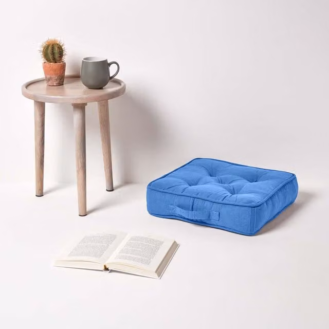 Homescapes Rajput Blue Ribbed Cotton Square Floor Cushion