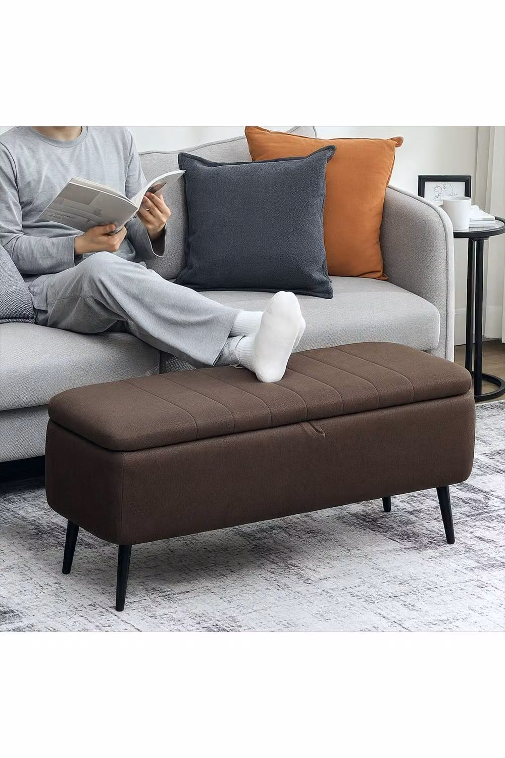 ERGOVEXA Linen-Look Storage Ottoman in Dark Brown, W: 92 cm, D: 31 cm – 3