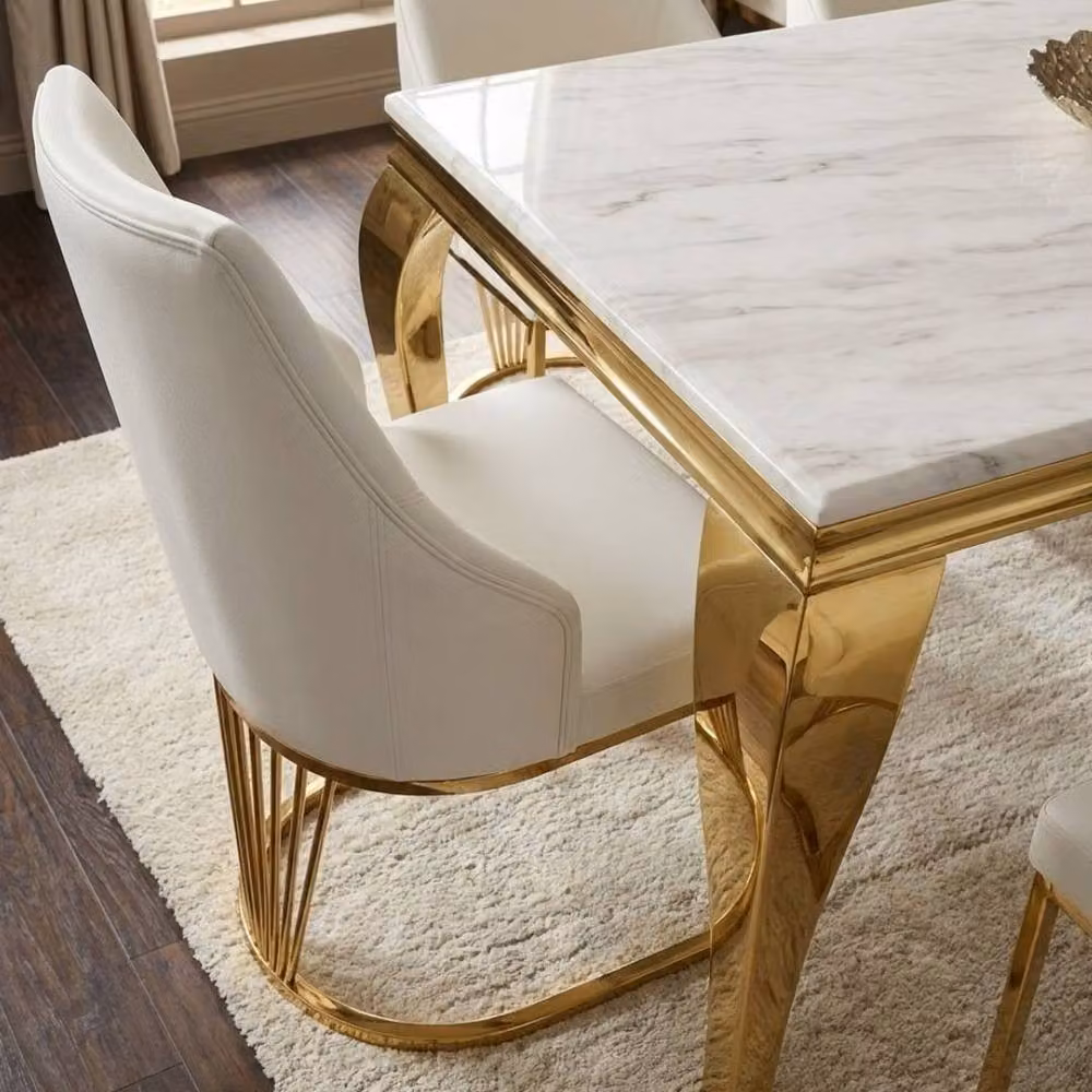HOME LUXE INTERIOR Sofia Rectangular Marble Dining Table and 4 Lasco Fabric Chairs in Cream and Gold – 5