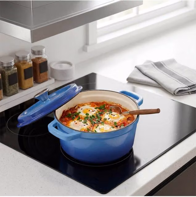 Living and Home Enamelled Cast Iron Dutch Oven Casserole Pot with Glass Lid, Blue, 5 l