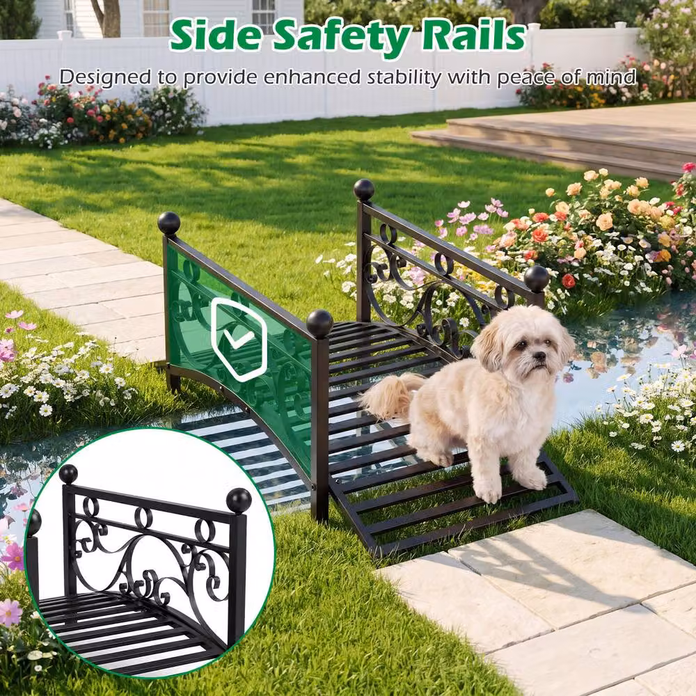 Gymax Arched Garden Bridge with Dual Patterned Metal Side Rails in Black, 101.5 cm – 4