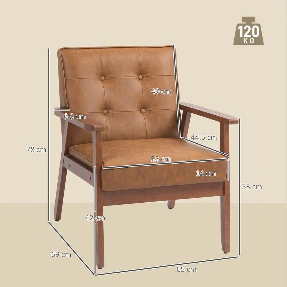 KORVIXA Brown PU Leather Accent Chair with Armrests and Solid Wood Frame – 2