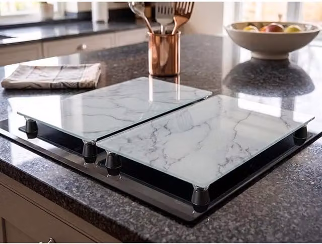 DEENZ Set of 2 Grey Marble Effect Rectangular Glass Hob Covers with 8 Non-Slip Feet