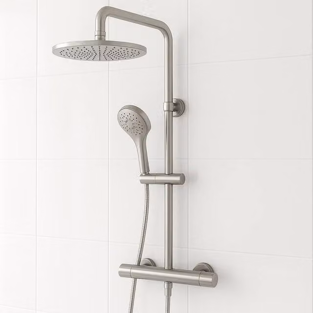 Bathroom Kingdom Menai Premium Chrome Round Thermostatic Exposed Shower Set in Silver with Rain Overhead Shower and Hand Shower