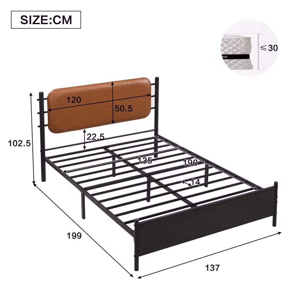 Matteo Black Metal Double Bed with PU Upholstered Headboard W/D/H: 140 x 200 x 102.5 cm – 4