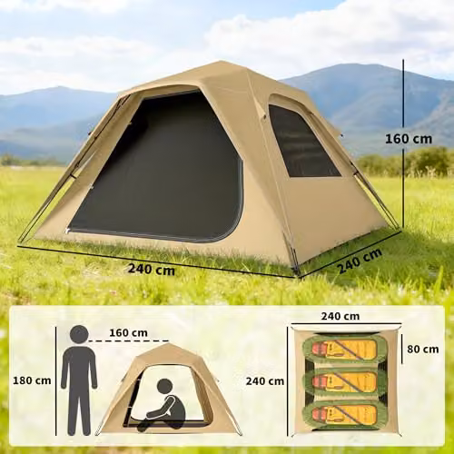 Outsunny Pop Up Instant Tent, 3000mm Waterproof with UPF50+ Protection for 2-3 People, Beige – 7