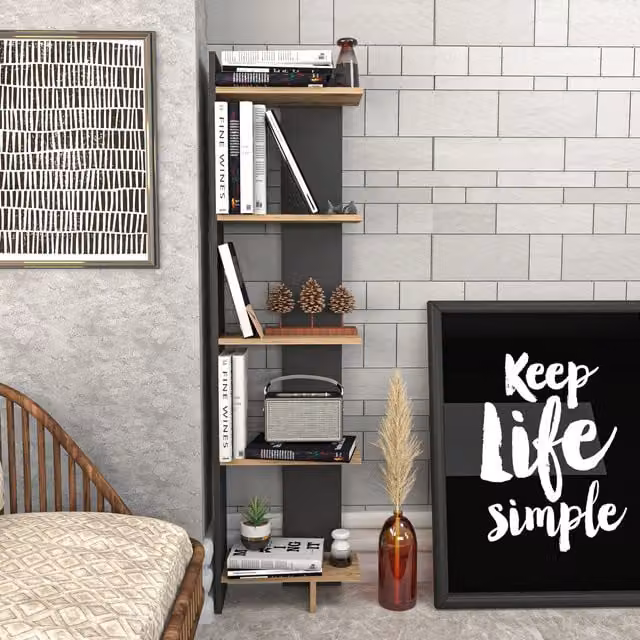 Decorotika Alica 5-Tier Freestanding Corner Bookshelf in Black and Brown