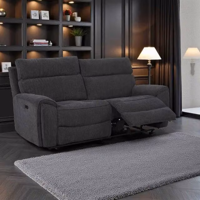 Furnishings For Less UK Lois Electric Reclining 3 Seater Fabric Sofa in Midnight Black with USB Charging Ports