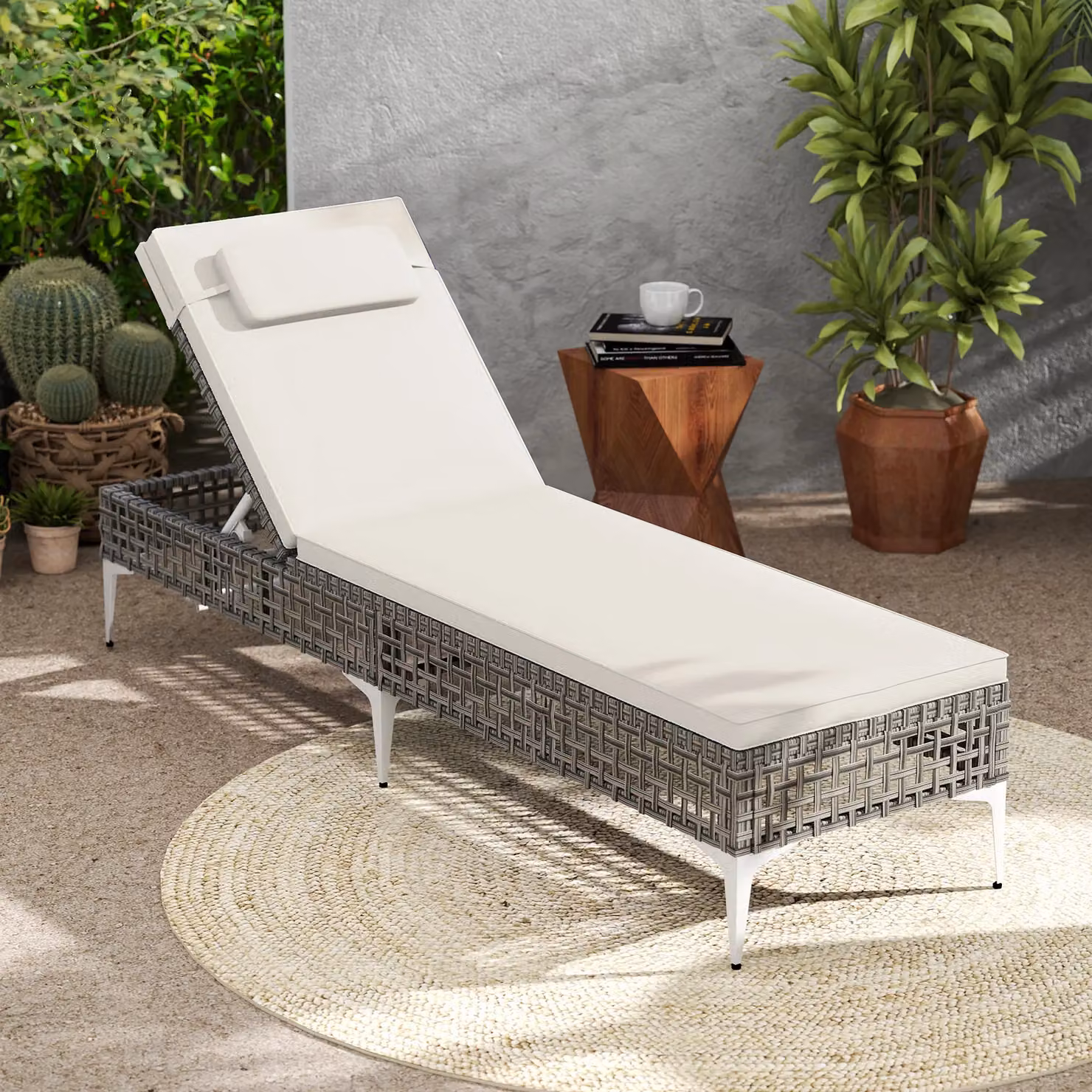 Costway White Polyrattan Sun Lounger with 6-Level Adjustable Headrest and UV-Resistant Fabric – 2