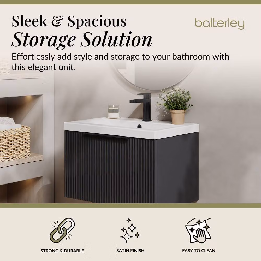 Balterley Fluted Front Wall Hung 1 Drawer Vanity Basin Unit, Dark Grey, W: 60 cm – 2