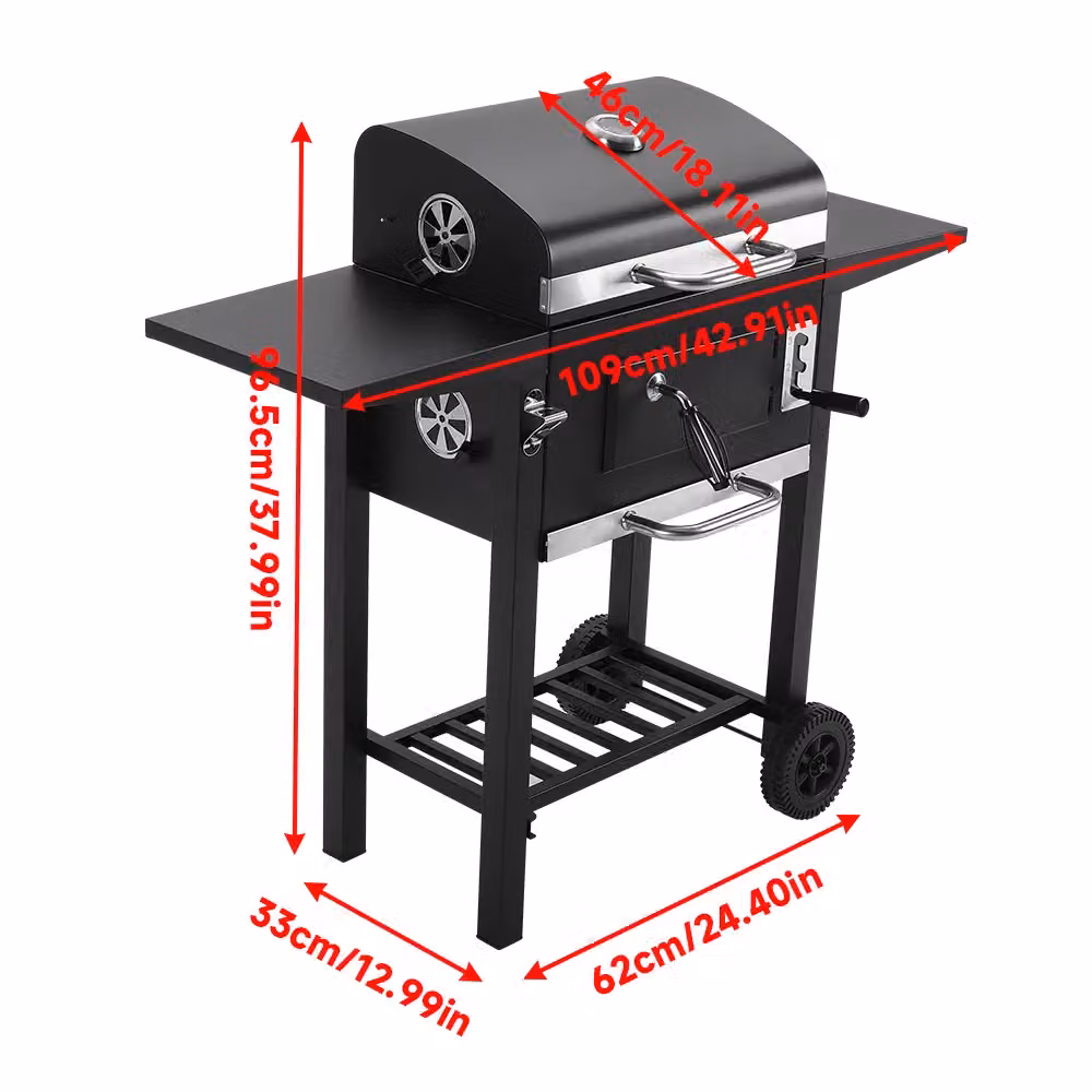 Living and Home Black Steel Charcoal Grill with Side Tables and Thermometer, W/D/H: 109.0 x 96.5 x 33.0 cm – 8