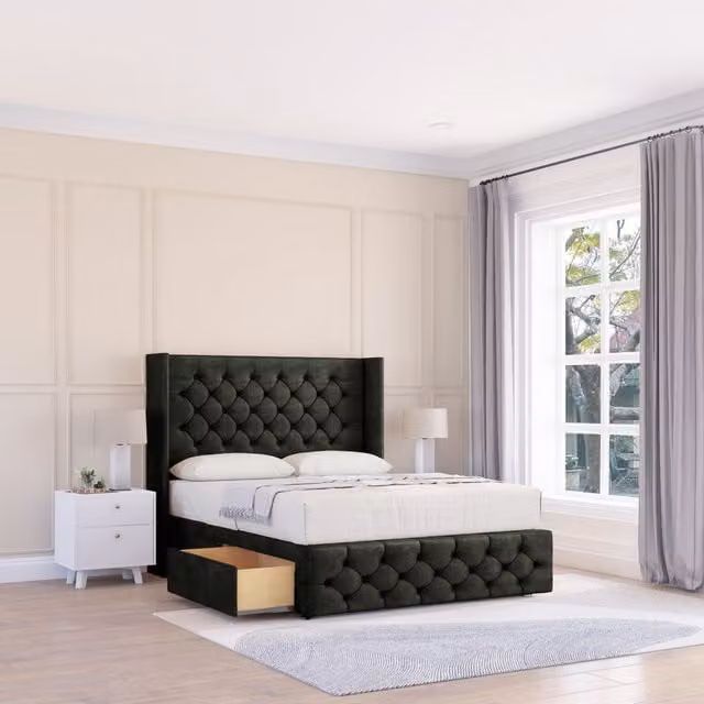 Sloomy Luthor Dumfries Wingback Bed Set in Black Velvet with 2 Drawers and Floor Standing Headboard, Super King, W: 200 cm x D: 200 cm