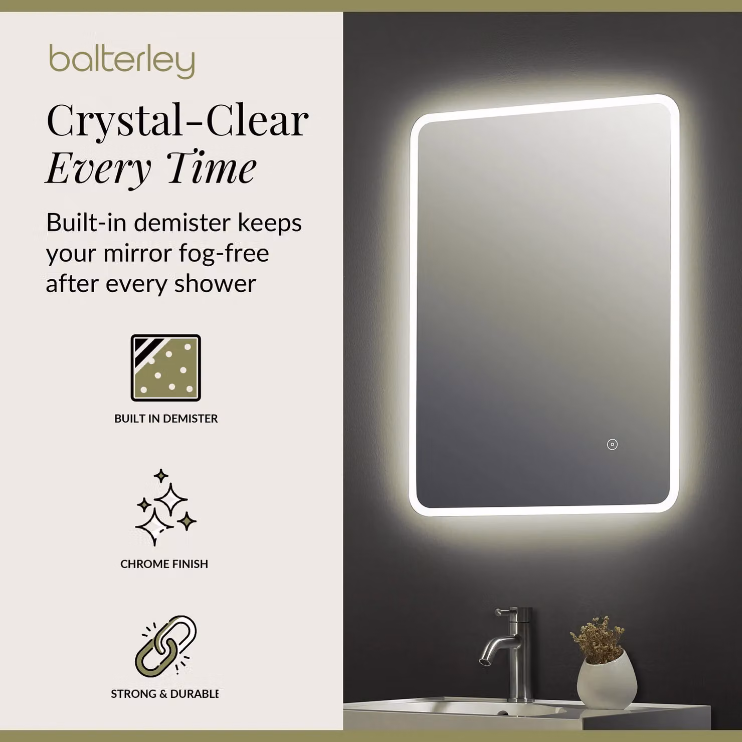 Balterley Soft Square LED Touch Sensor Mirror with Demister, Silver, W: 70 cm, H: 70 cm, D: 50 cm – 2