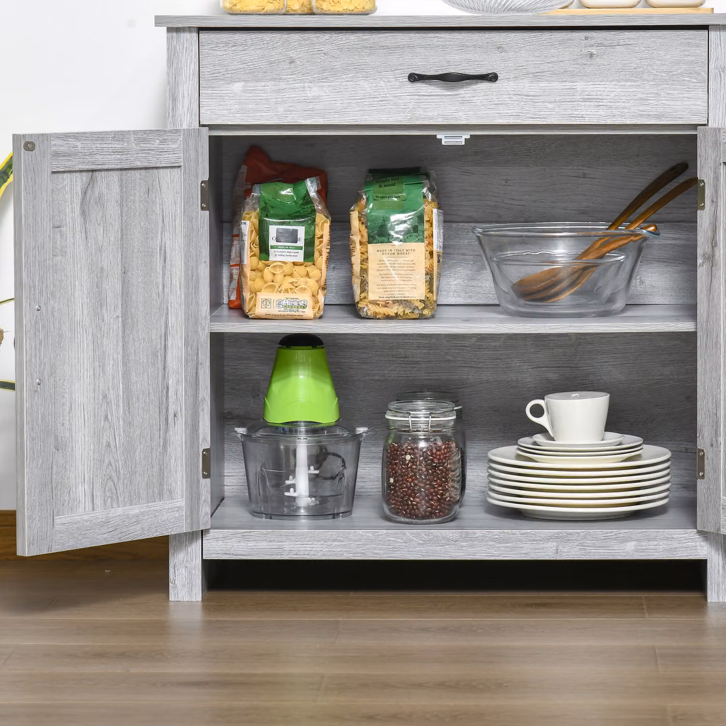 HOMCOM Grey Wood-Effect Farmhouse Sideboard with Rustic Barn Doors and Coffee Bar Style Storage Cabinet – 4