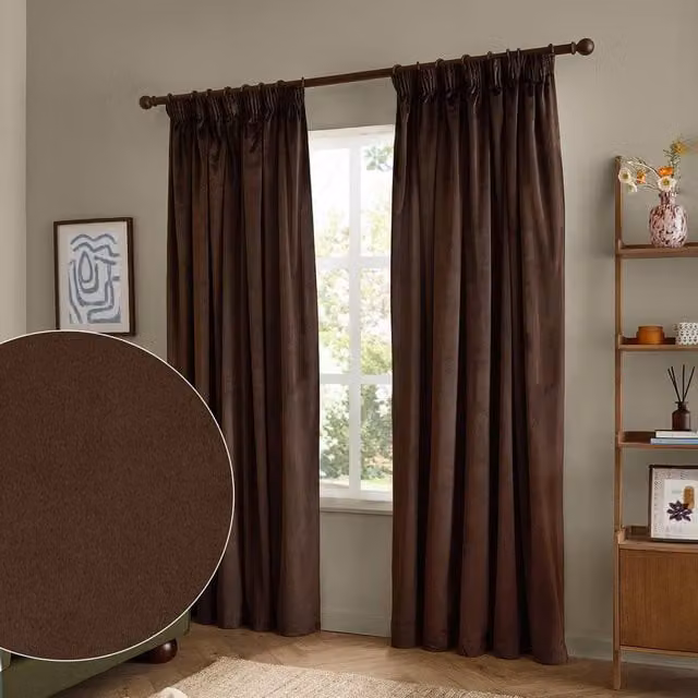 Furn Chocolate Brown Velvet Blackout Pencil Pleat Curtain Pair, Width: 168 cm, Drop: 183 cm