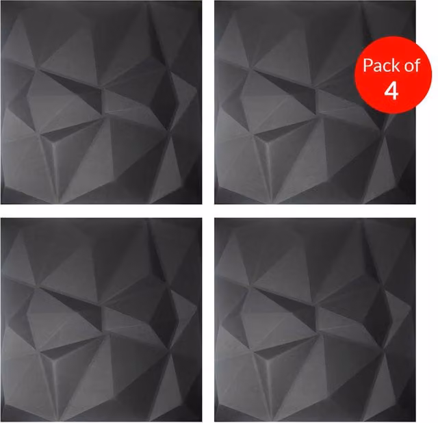 ENER-J 3D Diamond Embossed PU Leather Wall Panels, Black, W 60 cm x H 60 cm x D 2.5 cm, Pack of 4 – 1
