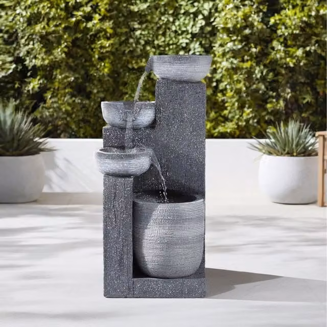 Breeins Solar-Powered Modern Stone Rockery Fountain in Black and Grey
