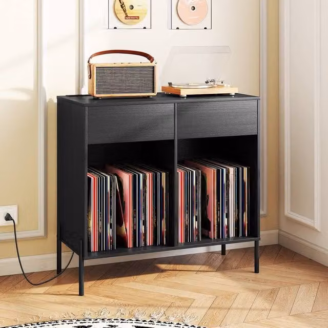 Gymax Double Wide Turntable Stand with Drawers, Power Outlets and Metal Legs in Black