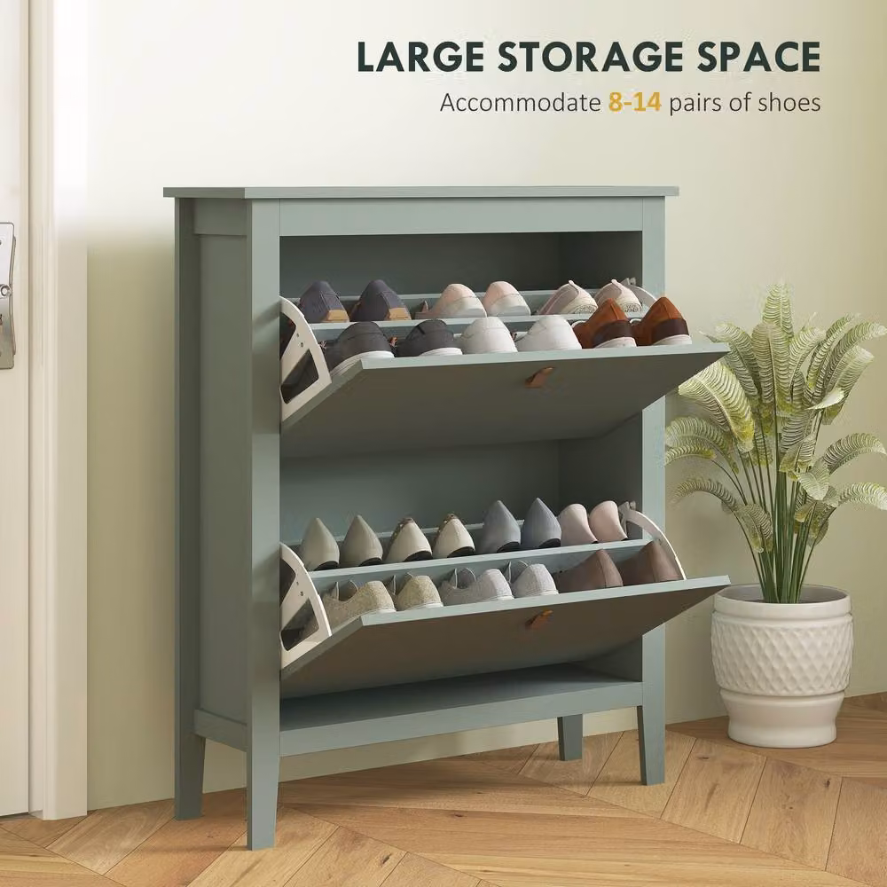 HOMCOM Modern Green 2 Drawer Shoe Cabinet with Tilting Compartments for Hallways – 3