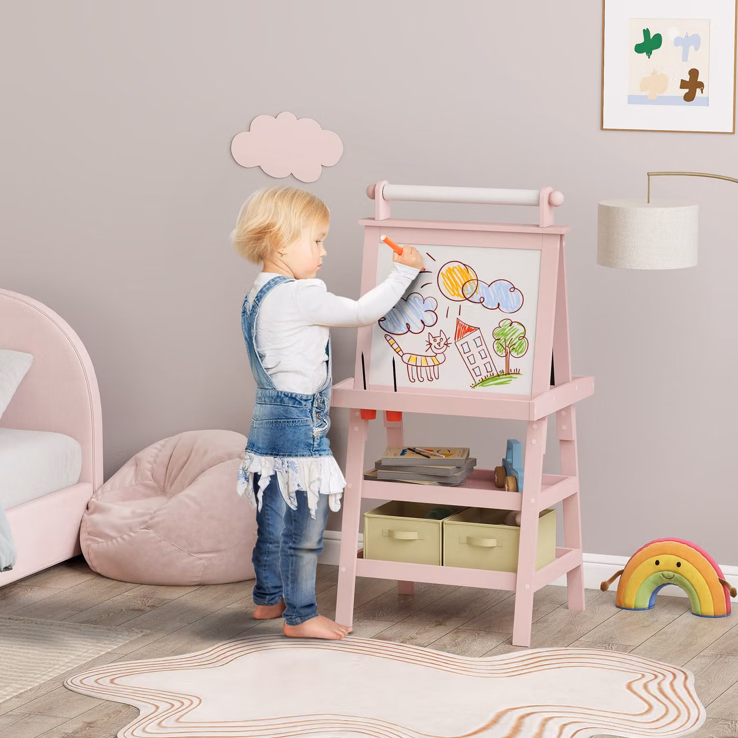 AIYAPLAY 3-in-1 Kids Easel with Double-Sided Magnetic Whiteboard, Chalkboard, Paper Roll and Storage Baskets, Pink – 2