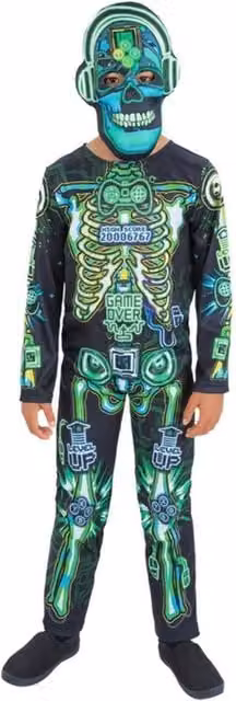 Smiffys Childrens Skeleton Gamer Glow In The Dark Costume Set in Black and Green, Ages 4-6 Years