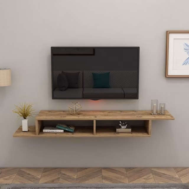Destina Home Eldon Wall Mounted Floating TV Stand with Shelves in Light Beige – 1