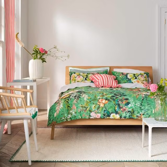 Designers Guild Margaretta Floral Cotton Percale Duvet Cover Bedding Set in Emerald Green