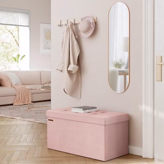 SONGMICS Velvet Storage Ottoman, Foldable Small Foot Rest in Jelly Pink