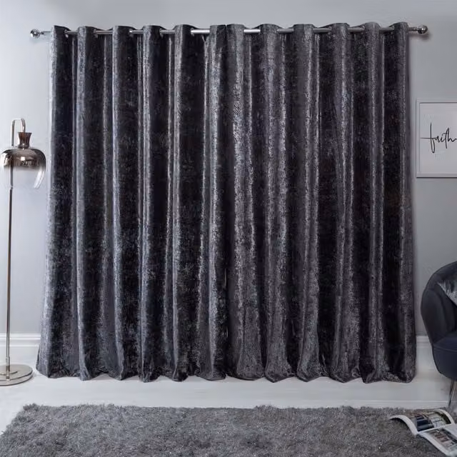 Sienna Grey Crushed Velvet Thermal Insulating Eyelet Curtains, Width: 137 cm, Height: 167 cm