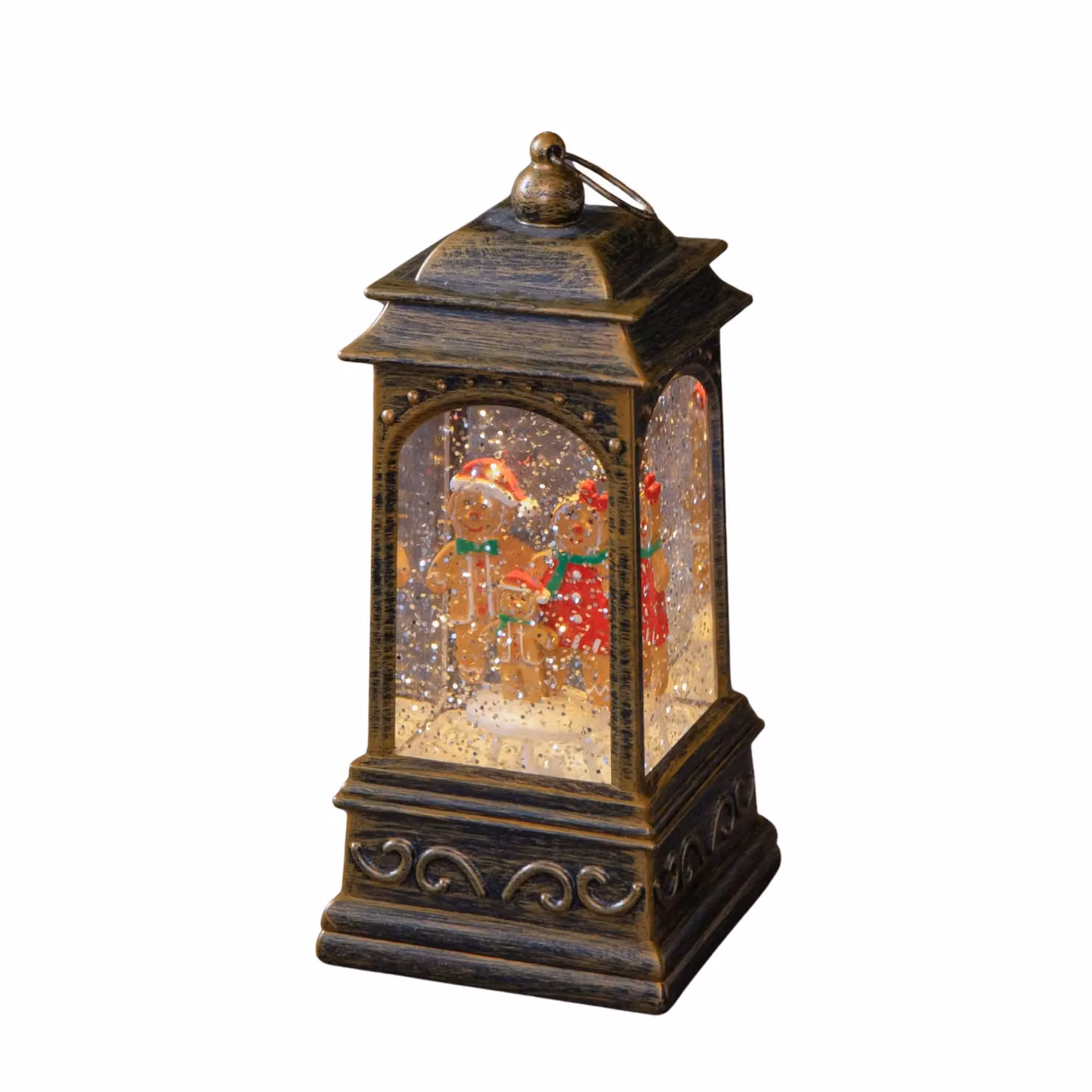 Samuel Alexander Bronze Dual Powered LED Light Up Christmas Water Spinner Lantern with Gingerbread Family Scene, Height: 21 cm – 4