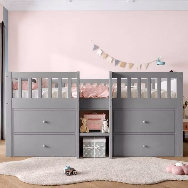 Merax 3FT Single Mid Sleeper Bed with Drawers, Solid Wood Low Loft Storage Bed in Grey, W/D/H: 90 x 190 x 176 cm