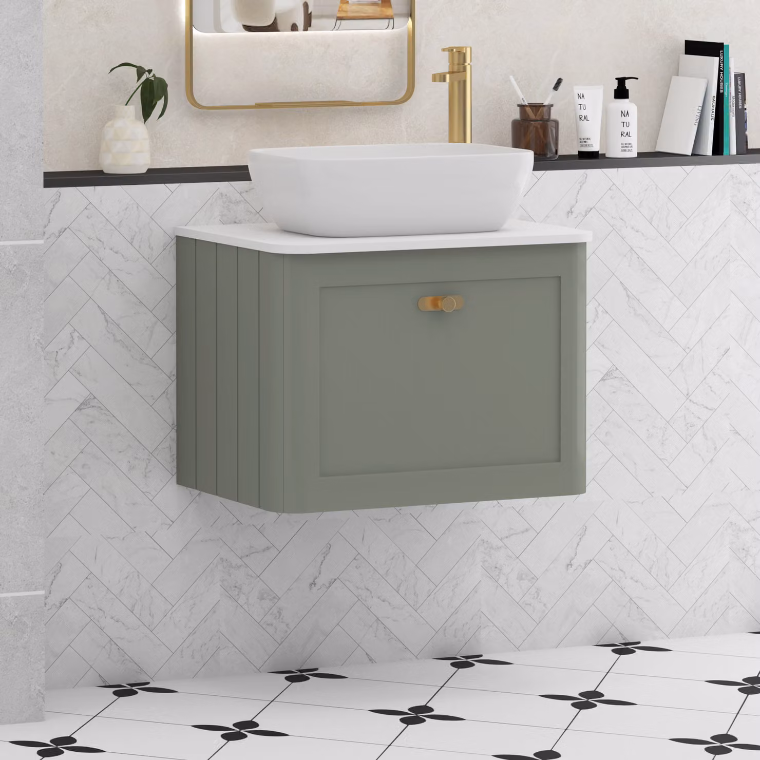 Royal Bathrooms Henley 600mm Sage Green Wall Hung Vanity Unit with Elva Basin and Brushed Brass Knob