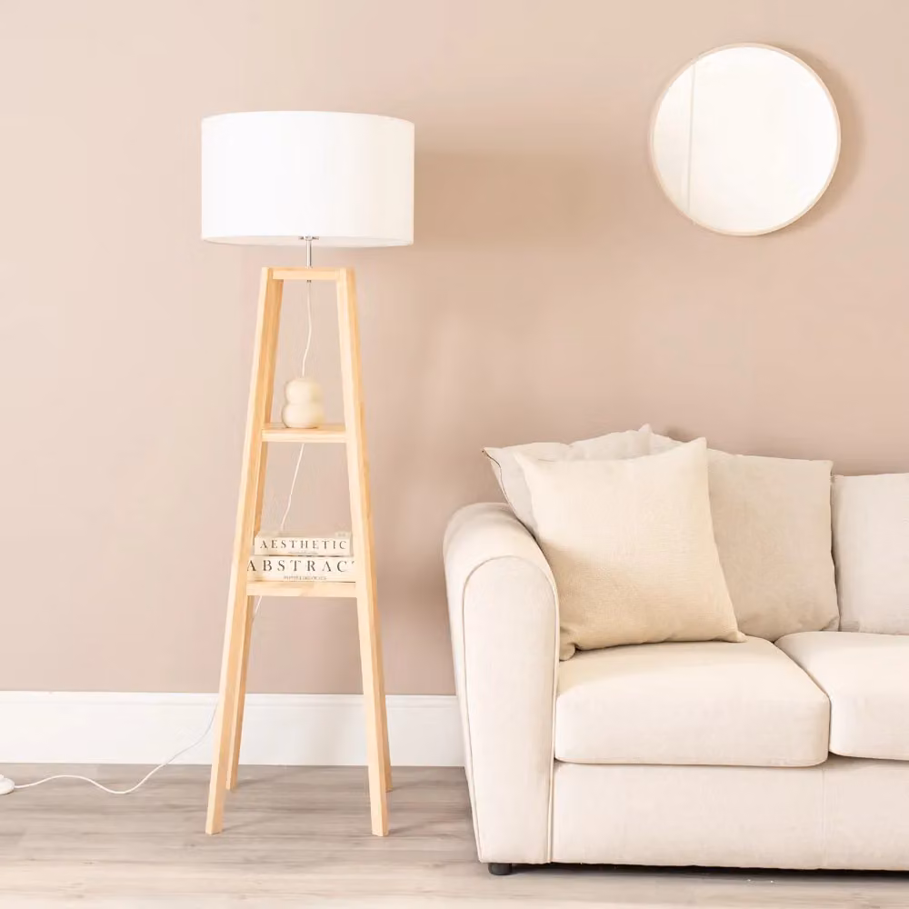 ValueLights Wakefield Quad Base Two Shelf Wooden Floor Lamp in Natural Sand – 2