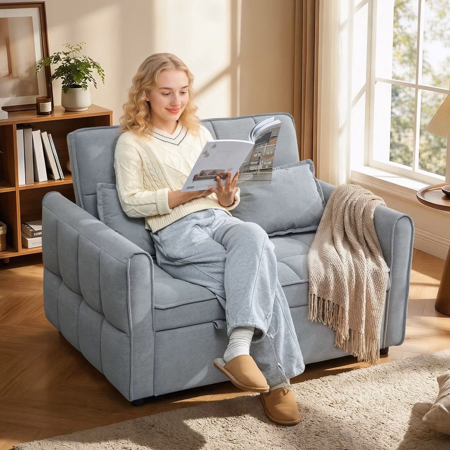 HOMCOM 2 Seater Grey Velvet Sofa Bed with Click-Clack Adjustable Backrest and 2 Pillows – 2