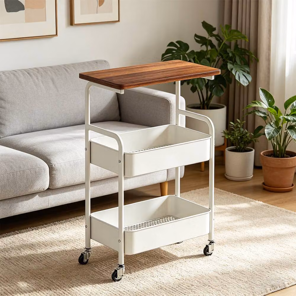 Ventryn Mobile Storage Cart with Wooden Desktop and Metal Frame in White – 3