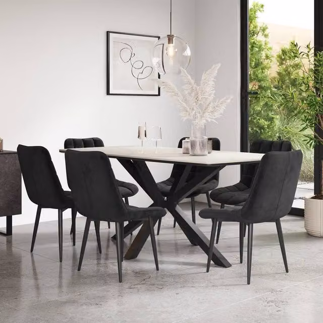 More4Homes Juno White Marble Ceramic Rectangular Dining Table and 8 Nova Black Velvet Chairs
