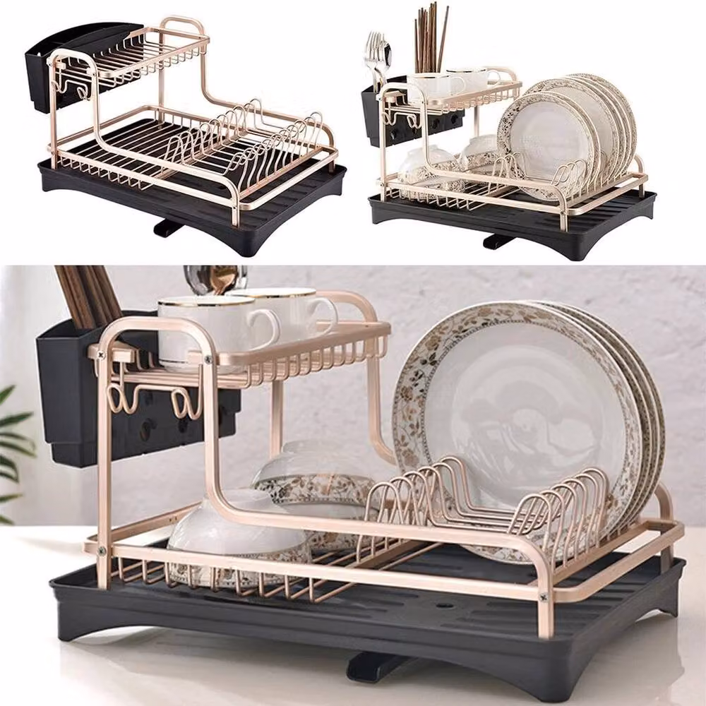 FORGEVIO 2 Tier Black Aluminium and Glass Rectangular Dish Drainer Kitchen Draining Stand – 3
