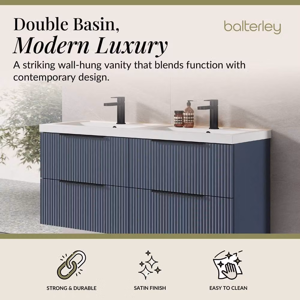 Balterley Fluted Front Wall Hung 4 Drawer Vanity Basin Unit, Satin Blue, W: 120 cm – 2