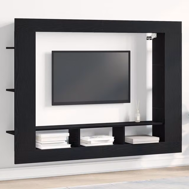 Berkfield Home Modern Wall-Mounted TV Cabinet in Black Oak, W/D/H: 152 x 22 x 113 cm
