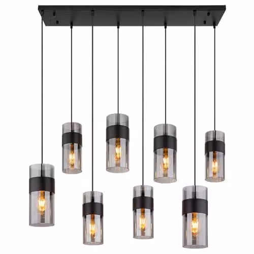 Netlighting Scarfina Cluster Pendant Light with Smoke Grey Glass Shades and Black Metal Finish, 8x E27 Bulbs, Height Adjustable