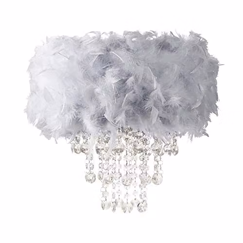 Happy Homewares Contemporary Grey Feather Chandelier Pendant Light with Transparent Acrylic Droplets, Diameter: 32 cm