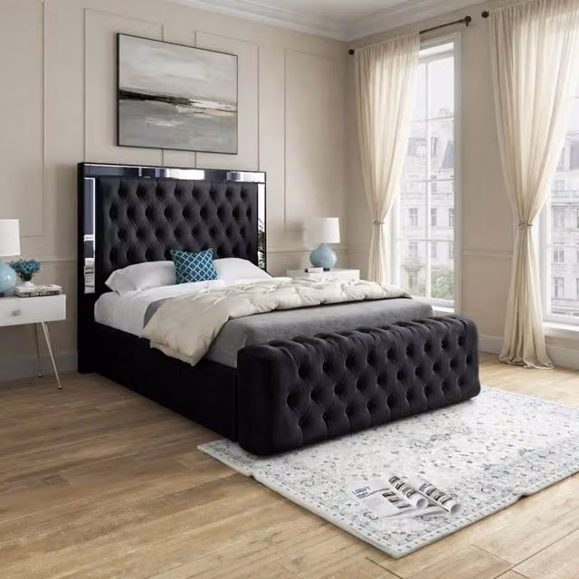 KDMD Redesdale Mirror Upholstered Designer Bed Frame in Black Soft Velvet, Super King, 200 x 200 cm